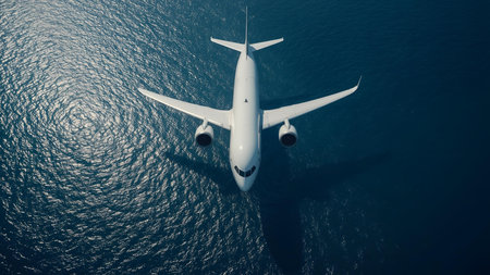 aerial view of a commercial airplane flying over deep blue ocean with sunlight reflections and shadow creating a stunning aviation travel scene perfect for global tourism and photographyの素材