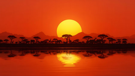 african savanna sunset with wildlife silhouettes of elephants giraffes and antelopes near acacia trees reflecting in calm water creating a serene natural landscape full of beauty and harmonyの素材