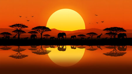 stunning african savanna sunset with wildlife silhouettes elephants giraffes and antelope near acacia trees reflecting in calm water a serene landscape capturing nature beauty and adventureの素材