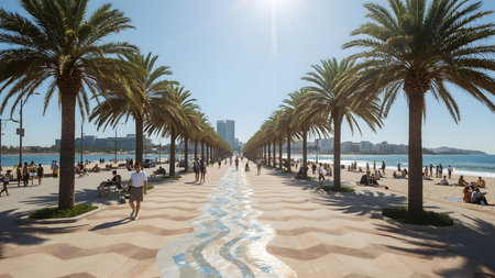 a vibrant coastal promenade lined with palm trees and modern skyline where people enjoy leisure travel relaxation and scenic ocean views in a tropical urban destinationの素材