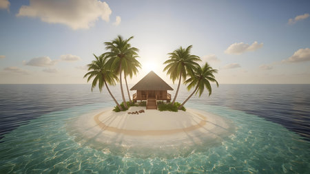 discover a tropical island paradise with a wooden hut under palm trees at sunset surrounded by clear blue ocean and white sandy beach perfect for travel relaxation and escapeの素材