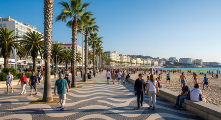 vibrant coastal promenade with palm trees sandy beach and modern city skyline people enjoying leisure sports and relaxation under clear blue sky perfect travel destinationの素材