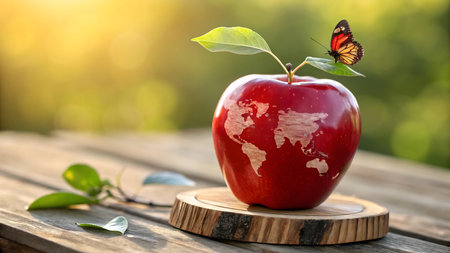 a creative apple with world map and butterfly symbolizing nature harmony global unity and eco awareness perfect for environment earth and organic lifestyle themesの素材