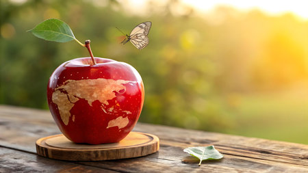 a creative apple with world map design symbolizing nature unity and global harmony with butterfly leaf and rustic wood background perfect for eco art and branding visualsの素材