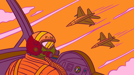 f16 fighter jet cockpit illustration with pilot helmet oxygen mask and military aircraft flying in...