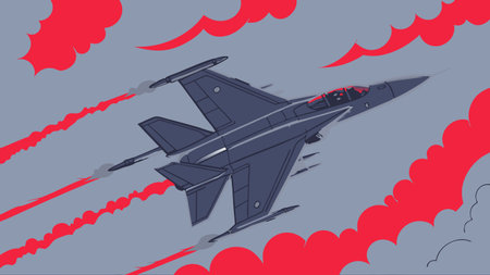 modern fighter jet artwork showing speed and power with dramatic sky red clouds and dynamic motion perfect for aviation military and digital art enthusiastsのイラスト素材