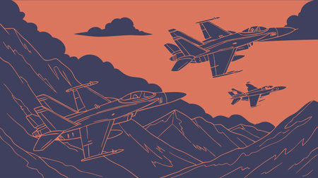fighter jets soar above rugged mountains in a bold orange and blue sky creating a dramatic aviation scene with speed power and style perfect for military art and travel inspired visualsのイラスト素材
