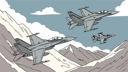 fighter jets soar in formation above snowy mountains with clear sky and clouds showcasing speed precision and military aviation power in a dynamic airborne missionのイラスト素材
