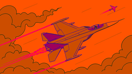 dynamic fighter jet illustration with vivid sky and powerful afterburner trails showcasing speed action and aviation art perfect for military design and digital artwork brandingのイラスト素材