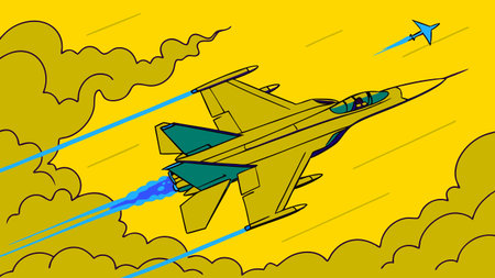 dynamic fighter jet illustration showcasing aviation speed and military aircraft design with bold colors and striking sky composition perfect for artwork and brandingのイラスト素材