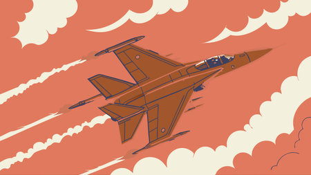 dynamic fighter jet illustration showing military aircraft in bold orange sky with contrails and missiles a modern digital art design full of power speed and actionのイラスト素材