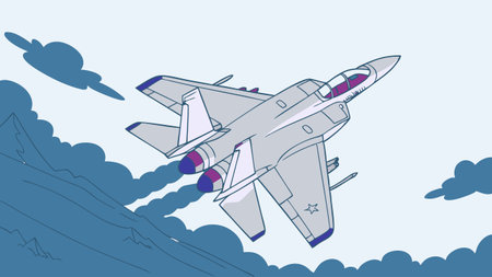 dynamic military jet fighter aircraft illustration soaring above mountains with bold lines and powerful motion perfect for aviation art fans and defense themed visualsのイラスト素材
