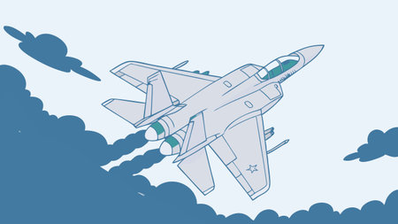 dynamic modern military jet fighter aircraft illustration showing high speed flight with twin engines swept wings and cockpit canopy in the sky with clouds and emblemのイラスト素材