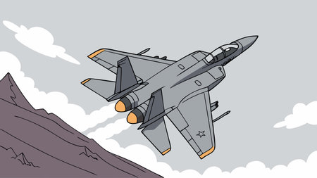 dynamic military jet fighter aircraft soaring above rugged mountains with twin engines and powerful exhaust trails showcasing speed precision and aviation strength in dramatic sky flightのイラスト素材