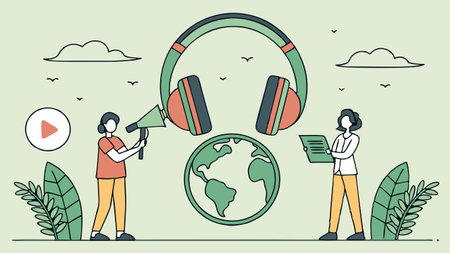 global communication and media illustration with headphones nature elements and eco awareness showing audio connection technology creativity and digital storytelling for modern branding and engagementのイラスト素材