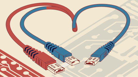 creative usb cables shaped as a heart with red and blue cords on a circuit board background symbolizing technology love connection and digital design aestheticsのイラスト素材