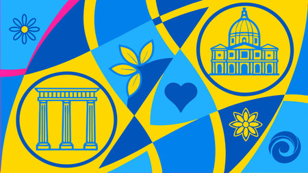 a vibrant abstract artwork blending cultural symbols floral motifs and geometric shapes expressing love nature and heritage through bold colors and harmonious design elementsのイラスト素材