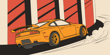 high-performance orange drift car sliding around urban track with smoke wide tires and spoiler in action-packed stylized illustration capturing speed grip and adrenaline in a cinematic racing sceneのイラスト素材