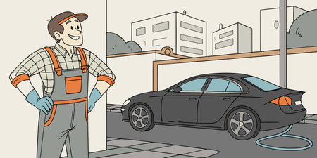 a confident car washer in gloves and overalls stands near a black vehicle being cleaned with water and foam in an outdoor urban setting showcasing manual labor professionalism and vehicle detailing servicesのイラスト素材