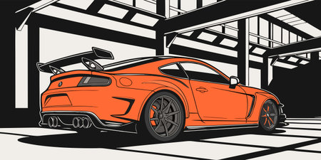 a bold orange sports car with rear spoiler and quad exhaust parked in a modern industrial-style garage featuring alloy wheels shadows and architectural beams perfect for automotive branding and design presentationsのイラスト素材