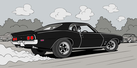 dynamic illustration of a black muscle car doing a burnout with smoke clouds red tail lights and cartoon background capturing street power and performance driving cultureのイラスト素材