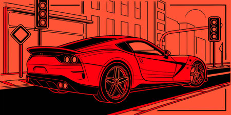 a bold vector illustration of a red sports car driving through a modern city street showcasing speed style and urban energy with sleek design and dramatic lighting perfect for automotive branding and digital art presentationsのイラスト素材