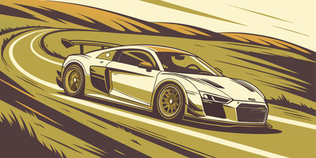 a stylized high performance sports car with aerodynamic features drives through scenic hills on a winding road showcasing speed motion and artistic design in a retro color palette with wide tires and dynamic curvesのイラスト素材