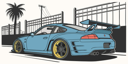 stylized rear view of a modified blue sports car with widebody kit yellow rims and urban background...