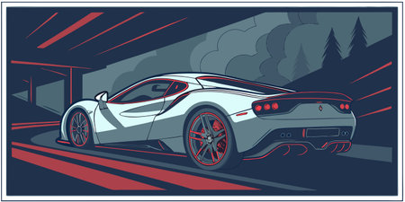 a sleek modern sports car speeds through a tunnel with forest views showcasing aerodynamic design red alloy wheels and dual exhaust in a stylized digital illustration emphasizing motion performance and automotive artistryのイラスト素材