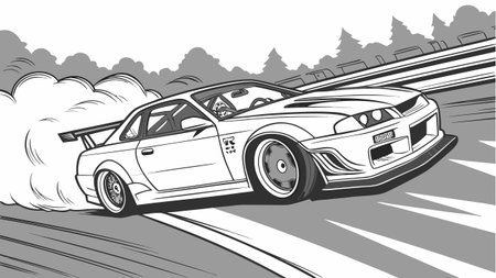 dynamic black and white drift car illustration showing highspeed action on a forest racetrack with motion lines smoke and stylized details capturing the thrill of motorsport and performance artのイラスト素材