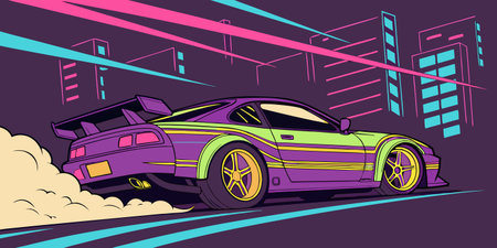vibrant neon sports car drifting through a stylized urban nightscape with synthwave colors and dynamic motionのイラスト素材