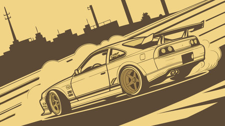 a stylized monochrome illustration of a modified sports car drifting through an industrial urban skyline with smoke motion and retro graphic novel aestheticsのイラスト素材