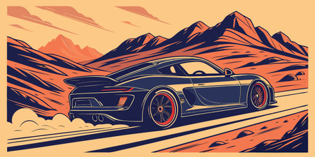 a high speed sports car races through a rugged desert mountain landscape with dust trailing behind its tires capturing motion thrill and adventure in a bold cinematic illustration perfect for automotive and travel brandingのイラスト素材