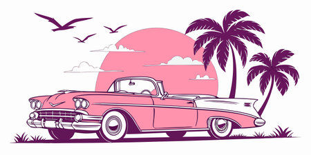 a retro pink convertible parked under tropical palm trees with a glowing sunset and birds in flight evokes classic americana summer vibes perfect for travel art decor and nostalgic design themesのイラスト素材