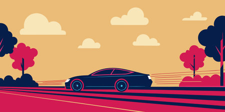 a sleek modern car driving through a scenic stylized landscape with bold colors and dynamic motion perfect for automotive branding travel visuals and digital illustration themesのイラスト素材