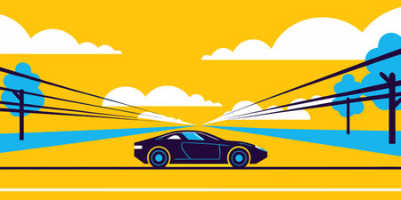 a sleek modern sports car drives through a futuristic landscape with bold colors dynamic motion and stylized scenery perfect for themes of speed travel technology and automotive designのイラスト素材