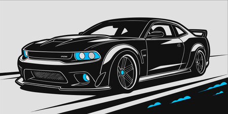 a sleek black dodge challenger sports car illustrated with blue highlights showcasing aggressive design and modern styling in a cinematic digital artworkのイラスト素材