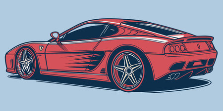 a bold rear view illustration of a red sports car featuring sleek aerodynamic lines alloy wheels dual exhaust and circular tail lights designed for automotive branding and high performance visual impactのイラスト素材