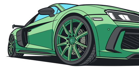 a sleek green sports car vector illustration featuring aerodynamic design sharp contours alloy wheels and aggressive stance perfect for automotive branding editorial use and design showcasesのイラスト素材