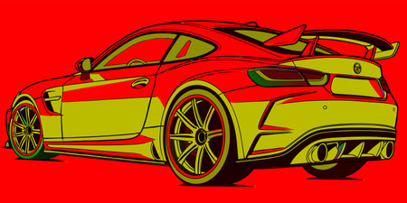 high contrast digital artwork of a rear view sports car with bold red background alloy wheels and aerodynamic styling perfect for automotive branding design and wall artのイラスト素材