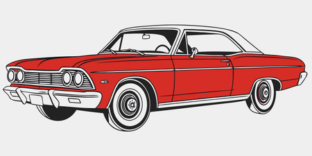 a bold retro illustration of a classic red american car with chrome details and whitewall tires perfect for automotive branding vintage art lovers and nostalgic design projectsのイラスト素材