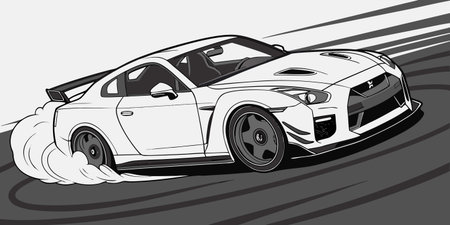 black and white drift car illustration showing high speed motion with tire smoke widebody kit and aggressive styling perfect for motorsport enthusiasts and automotive art loversのイラスト素材