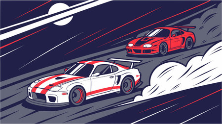 dynamic illustration of two sports cars racing on a winding road at night with speed motion and moonlightのイラスト素材