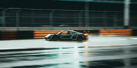 a high performance electric sports car races on a wet track showcasing speed grip and futuristic design elements with motion blur and reflections adding dramatic impactの素材