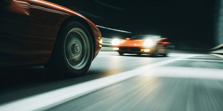 two red sports cars race at night with intense speed and motion blur on a dark road capturing adrenaline and performance in a cinematic automotive chase sceneの素材