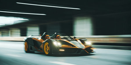 a high performance sports car with orange accents speeds through a tunnel with motion blur and dramatic lighting creating a cinematic and thrilling visual of speed style and adrenalineの素材