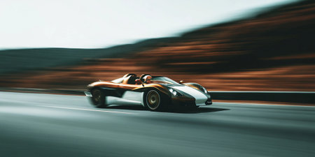 a high-speed futuristic roadster with metallic orange and white finish races down a smooth highway at sunset showcasing dynamic motion sleek design and modern automotive engineeringの素材