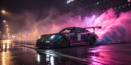 a high-performance widebody supercar drifts through a wet neon-lit city street at night with glowing smoke and vibrant motionの素材