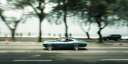 a classic blue muscle car speeds along a coastal highway with motion blur and scenic waterfront trees capturing vintage style and high performance in a dynamic automotive momentの素材