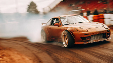 high speed matte orange drift car sliding through racetrack with tire smoke wide stance rear spoiler and front intercooler showcasing intense motorsport action and precision driving controlの素材